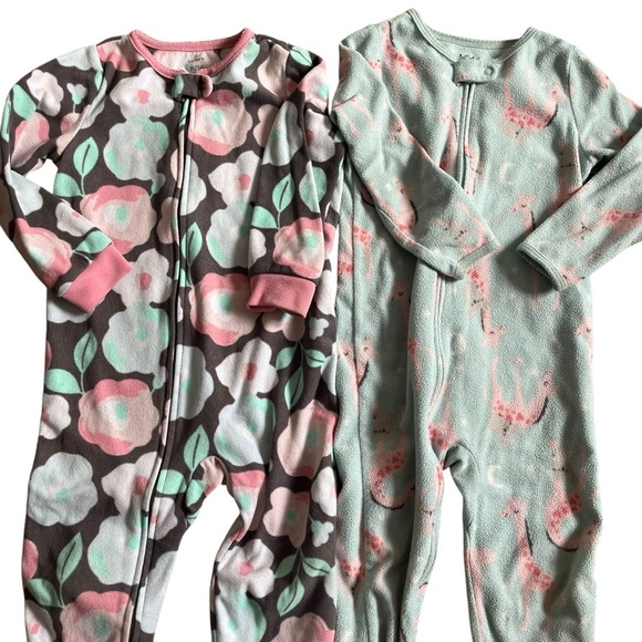 Floral and giraffe toddler girl fleece Onesie zip up pajamas size 3T colourful - Picture 2 of 13